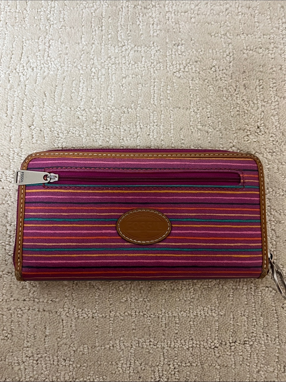 Fossil Multicolor Striped Zip-Around Wallet with Brown Trim